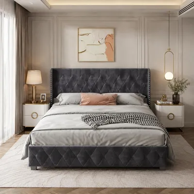 Immagine prodotto di Letto imbottito INONEFT 140x190 con spazio contenitore, letto a molle con sistema idraulico, letto singolo per ragazzi con rete a doghe, senza materasso, in velluto, colore grigio scuro, Immagine generata dall'IA