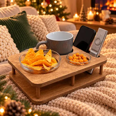 Produktbild von Couchbar Snackbar in Eiche mit 2 Glasschalen - Couchbar Mini - Couch tablett  für Snacks & Getränke [stabil & sicher] - Snackbar für Kaffeetasse