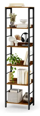 Produktbild von Bücherregal mit 6 Ebenen, 30 x 40 x 178 cm, mit Rückplatten, für Wohnzimmer, Arbeitszimmer, Homeoffice, Industrie-Design, vintagebraun-tintenschwarz
