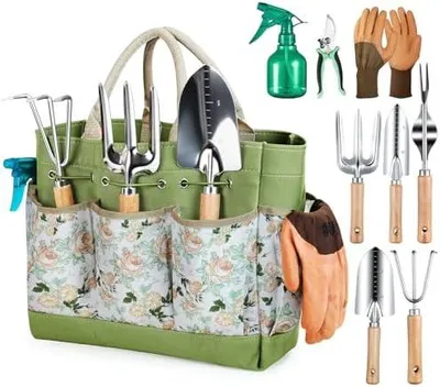Produktbild von Grenebo Gartenwerkzeug Set,9 Stš¹ck Garten Werkzeug mit Gartenger?te Organizer Handtasche, Rostfreies und ergonomisches Gartenger?te Set, Ideale Gartengeschenke fš¹r Frauen fš¹r Gartenliebhaber geeignet.
