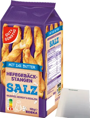 Produktbild von Gut & Günstig Gebäckstangen gesalzen aus Hefeteig gedreht (150g Packung) + usy Block