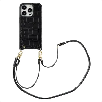 Zdjęcie produktu dla Etui na telefon Selencia Nova Croco ze sznurkiem i uchwytem na kartę do Apple iPhone 16 Pro - czarne