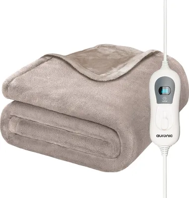 Produktbild von Auronic Elektrische Heizdecke - 160 x 120 cm - 1 Person Wärmedecke - 3 Wärmestufen mit Timer - Kuscheldecke - Flanell - Taupe