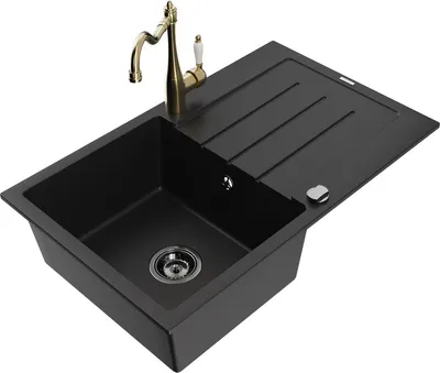 Produktbild von Mexen Bruno 1 Becken-Granitspüle mit Abtropffläche und Mischbatterie Carla, Schwarz - 6513-77-670700-50-B