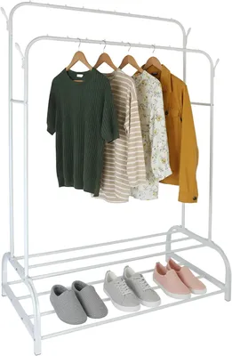 Immagine prodotto di Porta abiti a doppia barra - 155 x 110 x 55 cm - Porta scarpe - 2 barre - 4 ganci - Metallo - Bianco