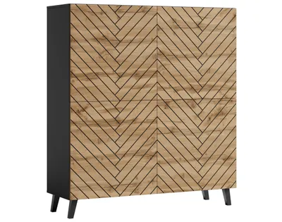A freestanding cabinet with a black body and a wooden front featuring a herringbone pattern. It stands on four black legs.