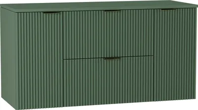 A green cabinet with fluted doors and drawers.