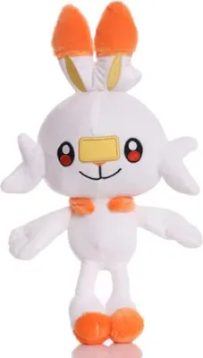 A plush toy of the Pokemon Scorbunny is shown standing against a white background.