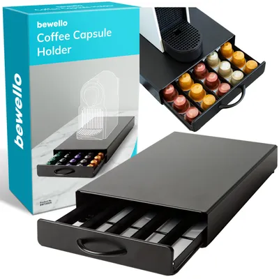 Produktbild von Kapselhalter mit Schublade Nespresso – Tassenhalter für 50 Kaffeekapseln – Kapselhalter – Edelstahl – Schwarz – 365 x 214 x 60 mm
