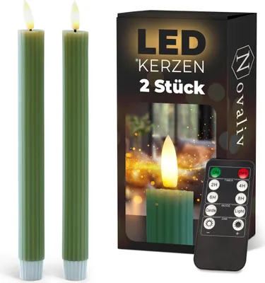 Produktbild von Stabkerzen LED mit Timer Grün 2er indoor mit 6 Stunden Timer - ECHTWACHS gerippt 23cm Höhe für Kerzen 2,2cm Durchmesser 2 AAA Batterien notwendig LED Stabkerzen flackernde Flamme bewegliche Flamme