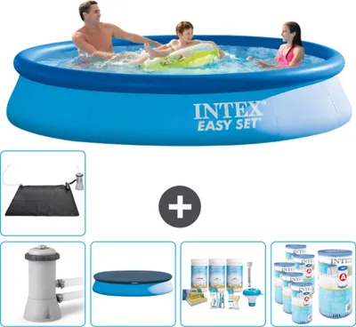 Produktbild von Intex runder aufblasbarer Easy Set-Schwimmpool – 366 x 76 cm – Blau – inklusive Pumpe Abdeckung - Wartungspaket - Filter - Solarmatte