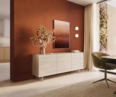 Produktbild von DELIFE Sideboard Cuor 180 cm Keramik Laminam® Travertino Bianco Creme-Weiß 2 Türen 3 Schubfächer Fuß Schwebeoptik Acrylglas