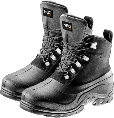 A pair of black and gray winter work boots.