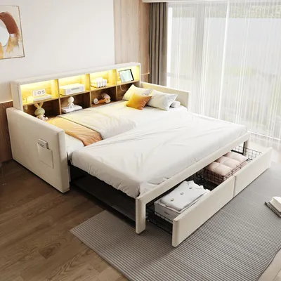 Produktbild von Flieks Schlafsofa Polsterbett 90x190cm mit Ausziehbett, Tagesbett Daybed mit 2 Schubladen und Led, Jugendbett mit Ladefunktion, Samt, Beige