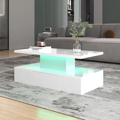 Produktbild von Stolik kawowy Merax hhcglanz z oświetleniem LED, stolik boczny z szufladą, stolik do salonu, szerokość 100 cm, biały