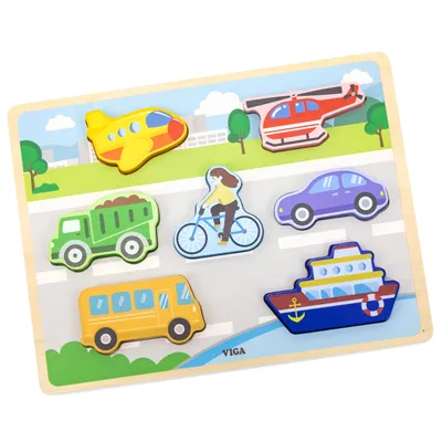 Zdjęcie produktu dla VIGA Drewniane Puzzle Układanka Montessori 2w1 Figurki Pojazdy
