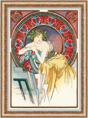 Produktbild von Riolis Kreuzstich-Set "Mädchen mit Staffelei nach A. Muchas Kunstwerk", Zählmuster