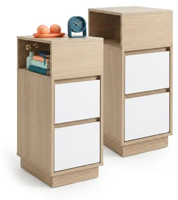 Produktbild von Relaxdays Nachttisch, 2er Set, 2 Schubladen, 1 offenes Fach, HBT 64 x 24 x 30 cm, Schlafzimmer, Nachtschrank, natur/weiß