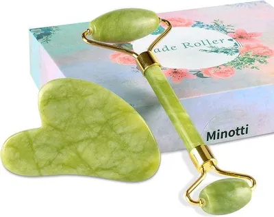 Obrázek produktu pro Sada masážních nástrojů Unyqoos® Jaderoller a Gua Sha – 100% přírodní jadeitový kámen, masážní váleček a gua sha nástroj pro lifting, omlazení a zpevnění pleti obličeje a krku