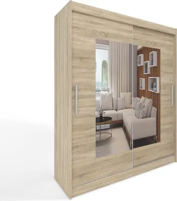 Produktbild von Easy Furniture B7 Schiebetüren Kleiderschrank 180 x 215 x 58 cm mit Spiegel - Schlafzimmermöbel, Aufbewahrung - Mehrzweckschrank - Farbe: Sonoma - 2 Schiebetüren