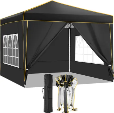 Produktbild von Faltpavillon 3x3m Pop Up Pavillon Faltbar mit 4 Seitenwänden, wasserdicht,UV-Schutz 50+ Gartenzelt Partyzelt, Gartenpavillon,inkl .Tasche, Schwarz