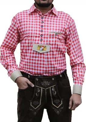 Produktbild von Trachtenhemd mit Bayerischem Wappen bestickt für Trachten Lederhosen rot/kariert, Größe:L