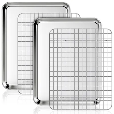 Produktbild von Backblech Set Edelstahl mit Abkühlgitter, 2 Bleche & 2 Gitter, 31,5 x 24,5 x 2,5 cm