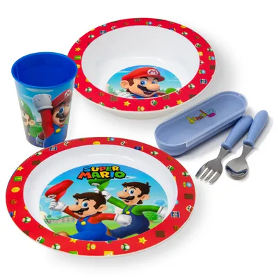 Produktbild von Kindergeschirr Set Super Mario - Kinder Geschirr Set mit Teller, Schüssel, Becher & Besteck - Geschirrset für Jungen & Mädchen - BPA frei