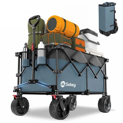 A blue and gray folding wagon loaded with camping gear, shown on a white background. A smaller, folded version of the wagon is shown in the upper right corner.