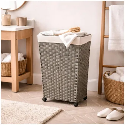 Produktbild von Wäschesammler 40 Liter Grau Wäschekorb Polyrattan mit Rollen
