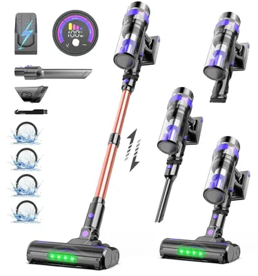 Obrázek produktu pro Akumulátorový vysavač – ruční vysavač 6 v 1 – výkon 500 W – filtr HEPA – LCD displej – nádoba na prach 1–2 l – až 60 min – žlutý