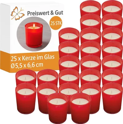 Produktbild von Kerzen im Glas 25 Stück rot Ø 5,5 x 6,6 cm Wachs Kerzen mit ca. 20 h Brenndauer für Tischdeko