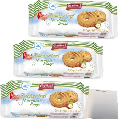Produktbild von Coppenrath Haselnuss-Ringe ohne Zucker 3er Pack (3x200g Packung) + usy Block