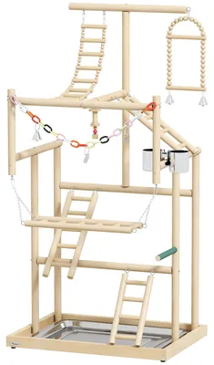 Image de Support à perchoirs pour oiseaux avec 4 niveaux et jouets | Couleur : bois naturel | Dimensions : 48 x 38 x 95 cm