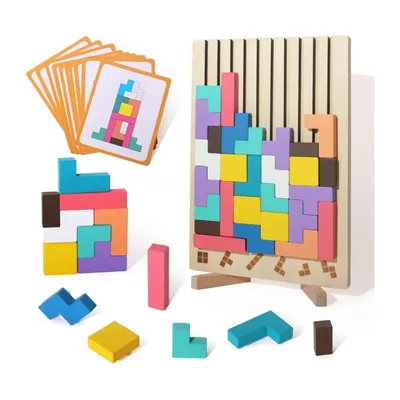 Produktbild von Holz 3D Puzzle 42 Teile, Tetris Geometrie Spiel, Denkspiel für Kinder & Erwachsene, kreativ & lehrreich - WoodPuzzle
