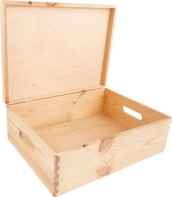 An open wooden box with a lid, shown from a slightly elevated angle against a white background.