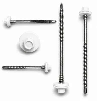 Zdjęcie produktu dla Śruby do płyt warstwowych Etanco z uszczelką EPDM, przeznaczone do stali o grubości do 6 mm, kolor RAL 9010 (biały), wymiar 5,5x135 mm, opakowanie 100 sztuk.