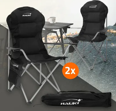 Produktbild von Hauki 2x Campingstuhl faltbar, Schwarz, Angelstuhl mit Getränkehalter & Tragetasche