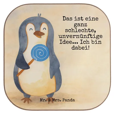 Produktbild von Mr. & Mrs. Panda Tischschoner Pinguin Lolli Design - Weiß - Geschenk, Spruch, Untersetzer für Gläser, bieruntersetzer, Coaster, Süßigkeiten, Gauner, Unvernünftig, Glas