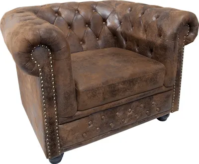 Produktbild von Edler Chesterfield Sessel Antik braun mit Knopfheftung Wohnzimmersessel Fernsehsessel Polstersessel