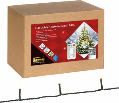 A cardboard box containing an LED light chain with a product label and a sample of the light chain below.