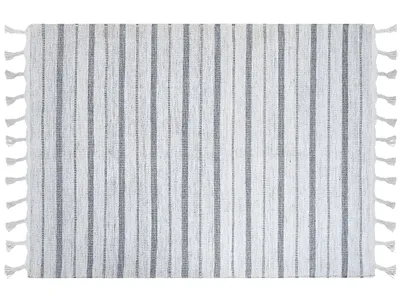 Produktbild von BELIANI Outdoor Teppich Weiß / Grau Kunststoff 160 x 230 cm Rechteckig mit Fransen Handgewebt Streifenmuster Modern Wohnzimmer Deko Garten Indoor