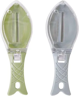 Two fish scalers are shown side-by-side against a white background.