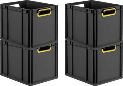 Immagine prodotto di SuperSparSet 4x Eurobox NextGen Color | HxLxP 32x30x40cm | 30 litri | maniglie gialle aperte | nero | Eurocontenitore, contenitore per il trasporto, contenitore per il trasporto, contenitore impilabile