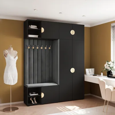 Image de Vestiaire Aria 4 190 cm Noir Rembourré Graphite Soft-Close Poignées Moon dorées