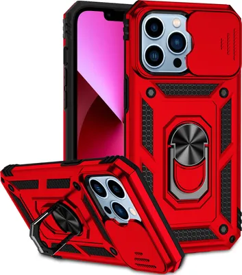 Produktbild von iPhone 14 Pro Hülle mit Schiebe Kamera Schutz und Ringhalter Ständer Robust Rüstung Schutzhülle für iPhone 14 Pro Rot