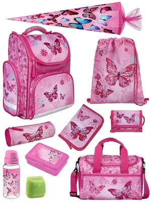 A collection of pink school supplies with a butterfly motif, including a backpack, pencil case, drawstring bag, lunchbox, water bottle, and school cone.