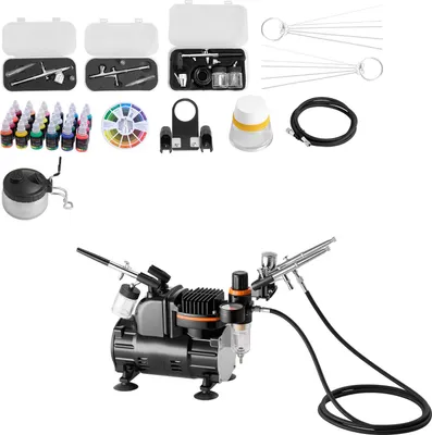 Immagine prodotto di SucceBuy set aerografo 1/6 hp con compressore d'aria, 3 pistole a doppia azione con ugelli (0,3/0,3/0,35 mm), tubo flessibile e colori acrilici, ideale per la decorazione di torte, la pittura di modelli e la progettazione di unghie, a bassa rumorosità