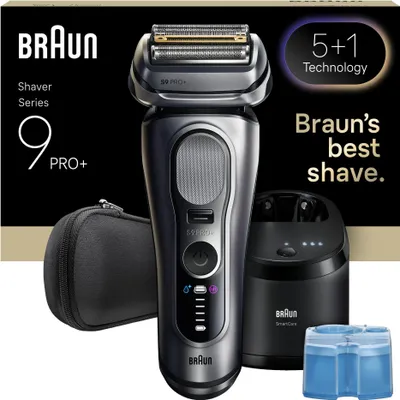 A product shot of a Braun shaver and its accessories on a dark background with text overlays.