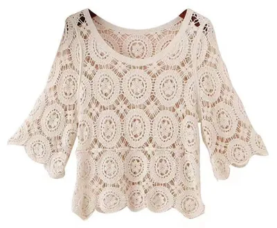 Produktbild von Damen Sommer 3/4 Ärmel Häkel-T-Shirt Strick Blumenmuster Pullover Top Strand Blu